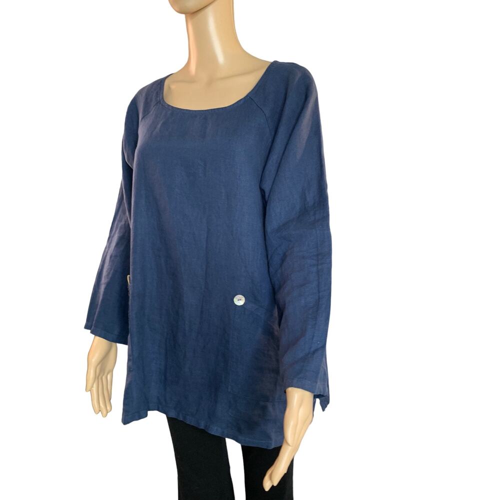 Snappy Turtle Women's Small Tunic Blouse 100% Linen Navy Pockets Pullover USA